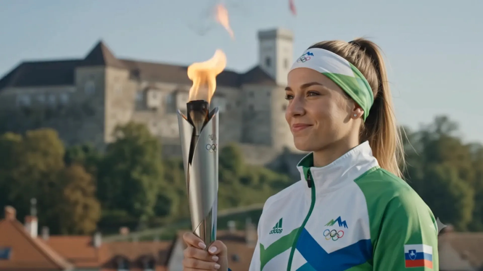 Športnica z olimpijsko baklo pred Ljubljanskim gradom